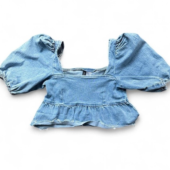 Women's Puff Denim Sleeve Cropped Top H&M Divided Boho Preppy XS - Picture 2 of 4